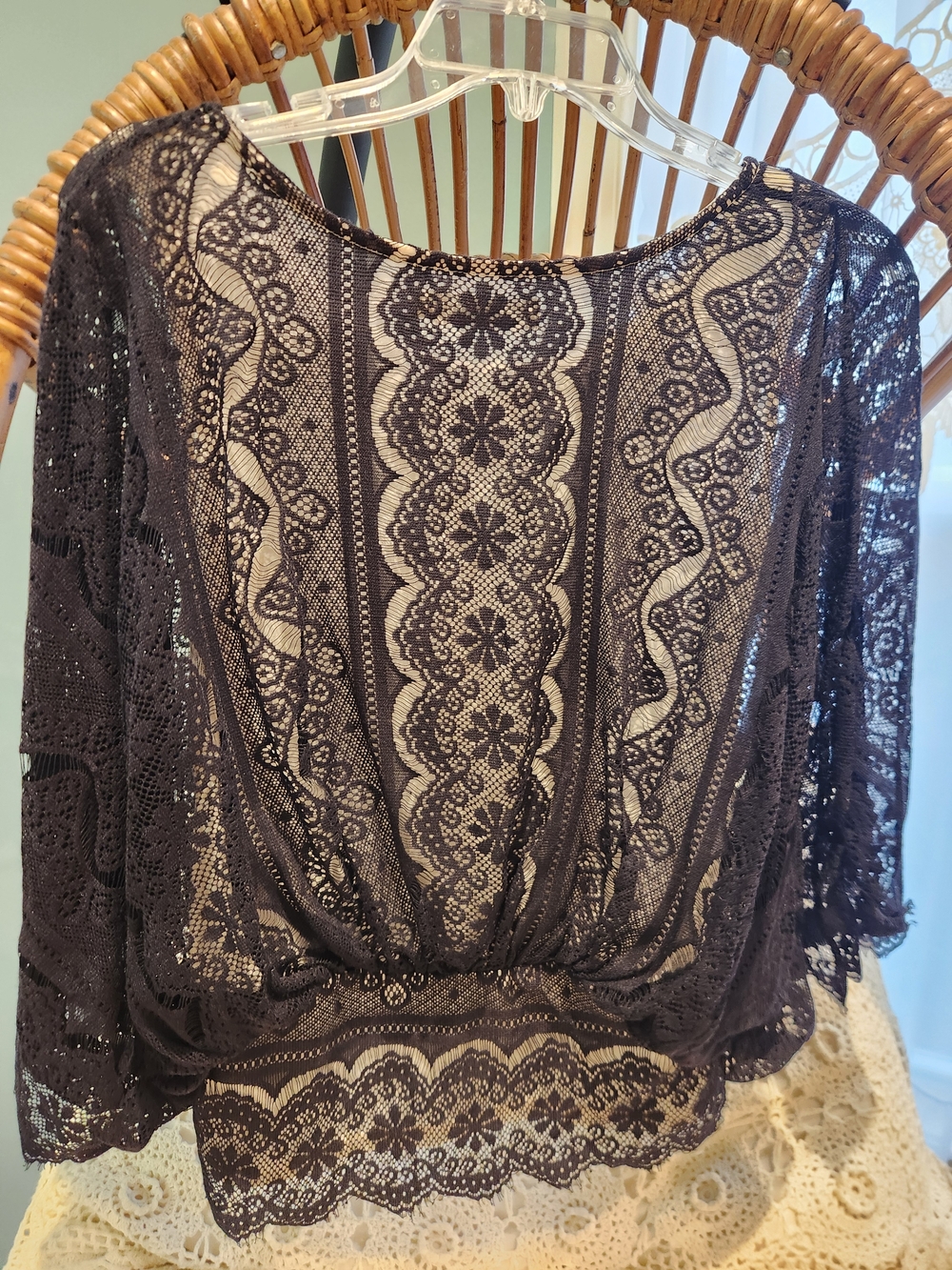 Solitaire Black Lace Crochet Blouse with Sheer Floral Panels